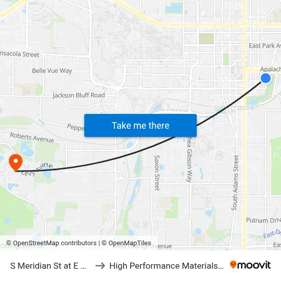 S Meridian St at E Madison St Sb to High Performance Materials Research Institute map