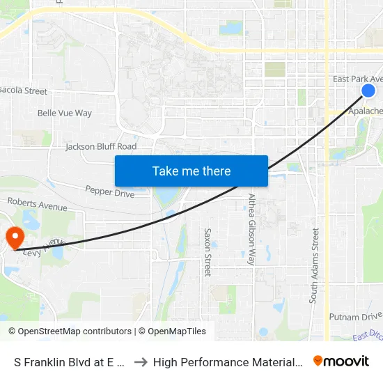 S Franklin Blvd at E College Ave Nb to High Performance Materials Research Institute map