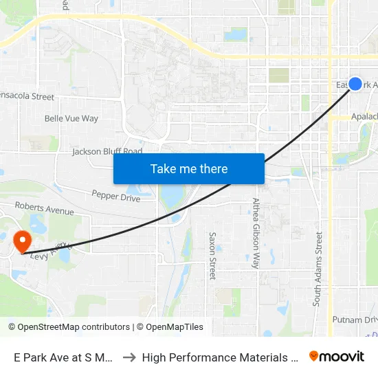 E Park Ave at S Meridian St Eb to High Performance Materials Research Institute map