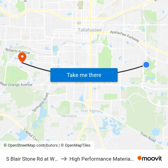 S Blair Stone Rd at Winewood Blvd Sb to High Performance Materials Research Institute map