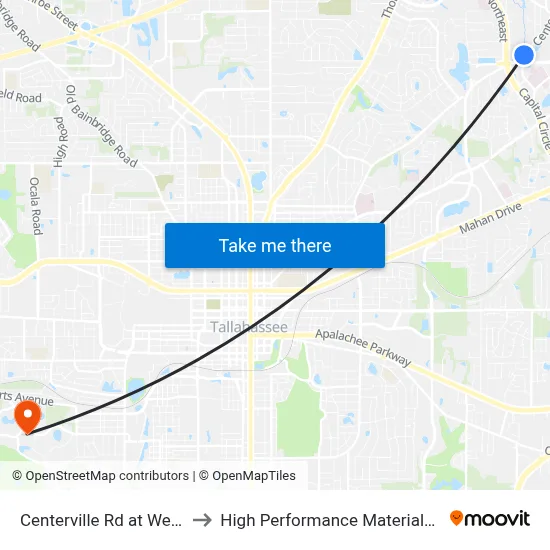 Centerville Rd at Welaunee Blvd Nb to High Performance Materials Research Institute map