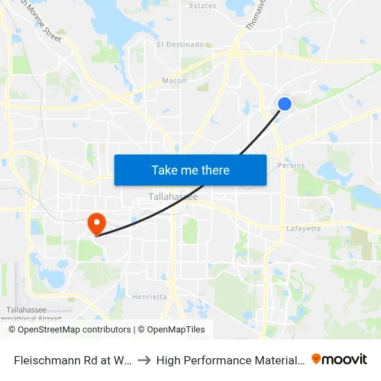 Fleischmann Rd at Welaunee Blvd Sb to High Performance Materials Research Institute map
