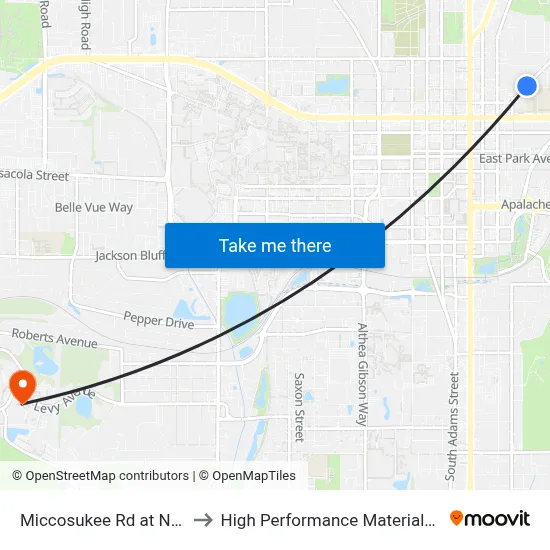 Miccosukee Rd at N Meridian St Eb to High Performance Materials Research Institute map