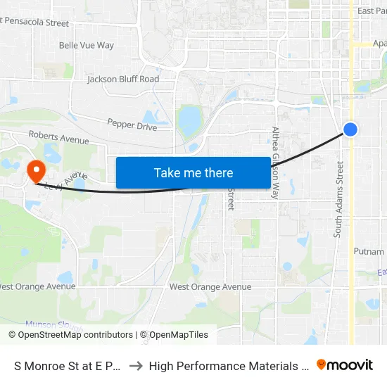 S Monroe St at E Pershing St Sb to High Performance Materials Research Institute map