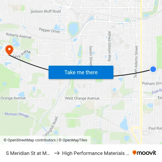 S Meridian St at Magnolia Dr Sb to High Performance Materials Research Institute map