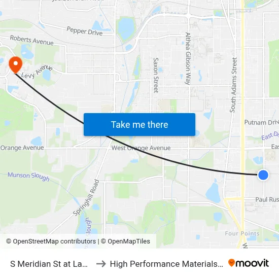 S Meridian St at Laura Lee Ave Sb to High Performance Materials Research Institute map
