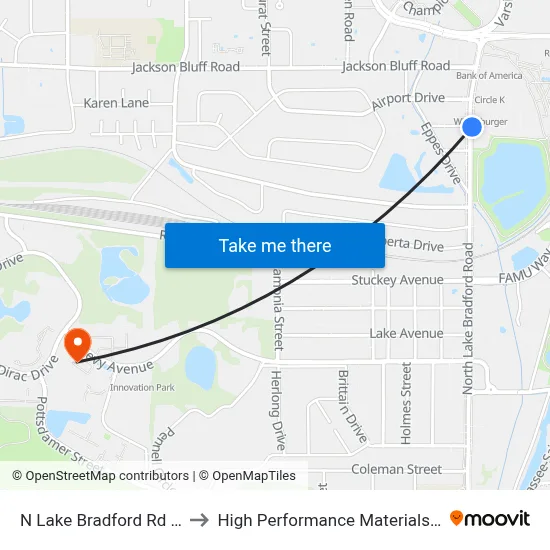 N Lake Bradford Rd at Crate St Nb to High Performance Materials Research Institute map