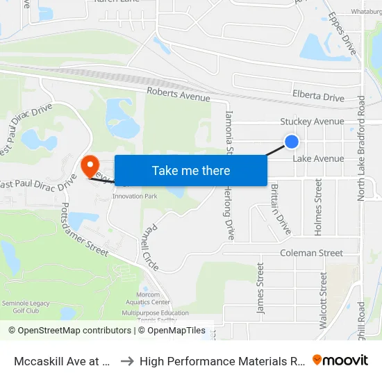 Mccaskill Ave at Highland St to High Performance Materials Research Institute map