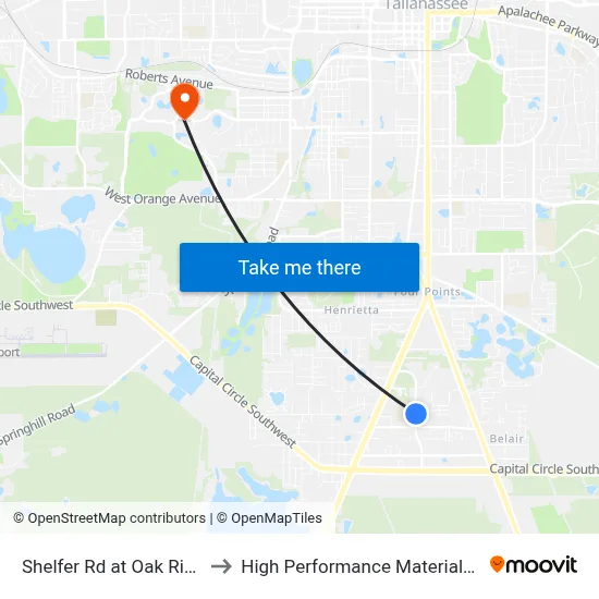 Shelfer Rd at Oak Ridge Elementary to High Performance Materials Research Institute map