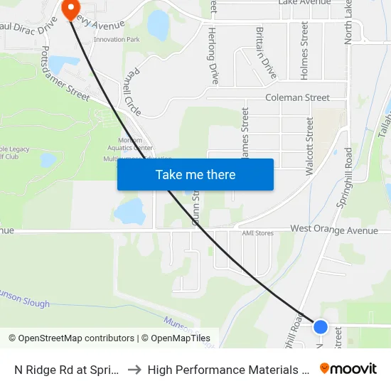 N Ridge Rd at Springsax Rd Sb to High Performance Materials Research Institute map