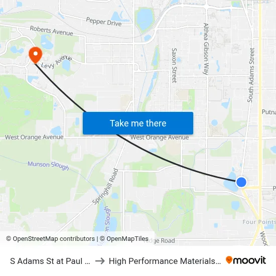 S Adams St at Paul Russell Rd Nb to High Performance Materials Research Institute map