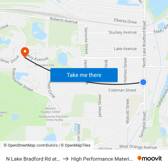 N Lake Bradford Rd at Hutchinson St Sb to High Performance Materials Research Institute map