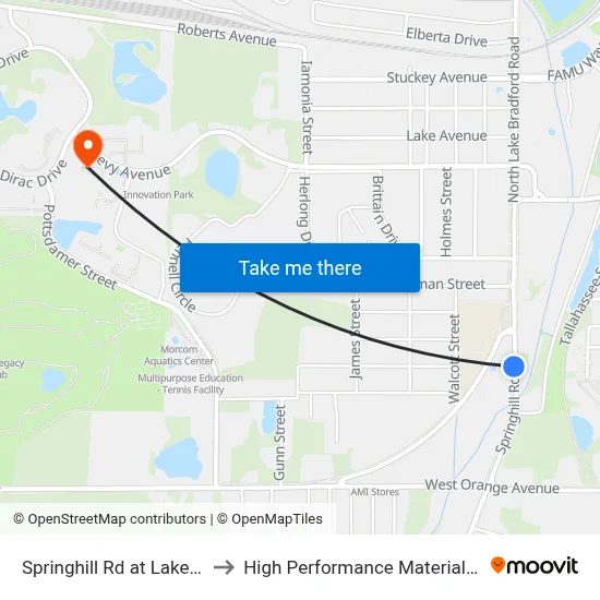 Springhill Rd at Lake Bradford Rd Sb to High Performance Materials Research Institute map