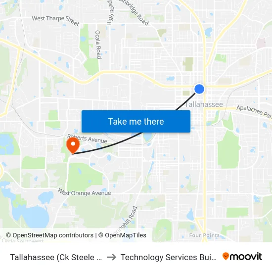 Tallahassee (Ck Steele Bus Plaza) to Technology Services Building (Elbit) map