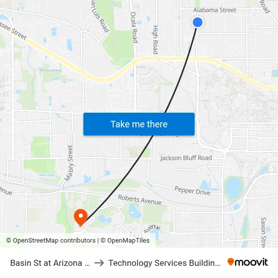 Basin St at Arizona St Nb to Technology Services Building (Elbit) map
