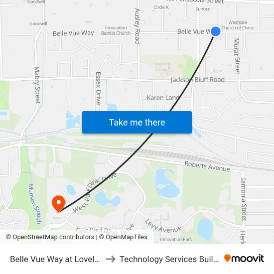 Belle Vue Way at Lovelace Dr Wb to Technology Services Building (Elbit) map