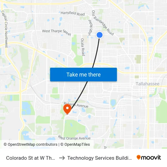 Colorado St at W Tharpe St to Technology Services Building (Elbit) map