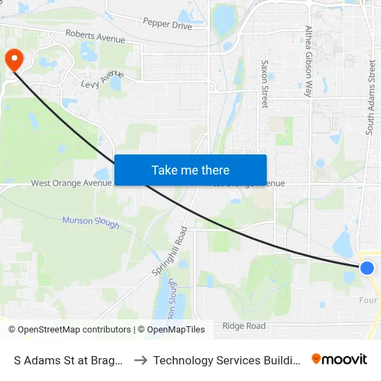 S Adams St at Bragg Dr Nb to Technology Services Building (Elbit) map