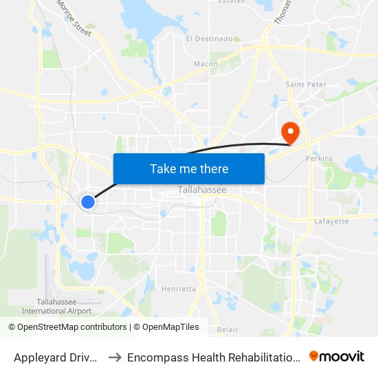 Appleyard Drive at Starmetro to Encompass Health Rehabilitation Hospital Of Tallahassee map