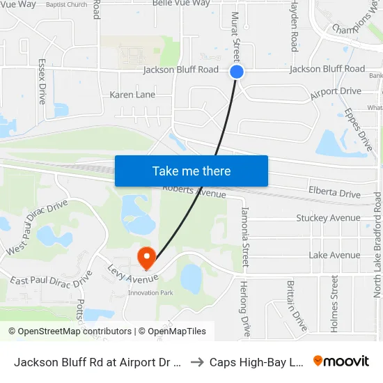 Jackson Bluff Rd at Airport Dr Eb to Caps High-Bay Lab map