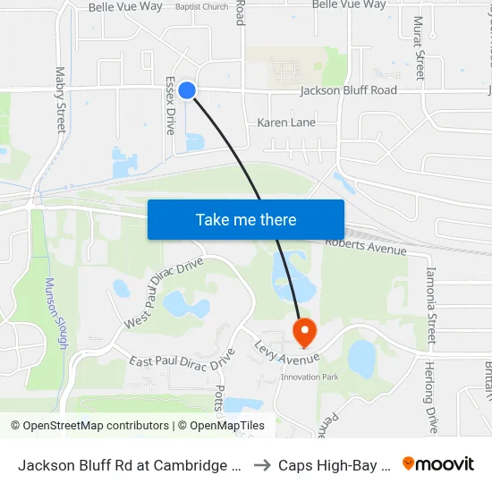 Jackson Bluff Rd at Cambridge Dr Eb to Caps High-Bay Lab map