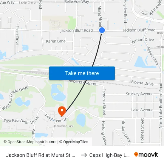 Jackson Bluff Rd at Murat St Wb to Caps High-Bay Lab map