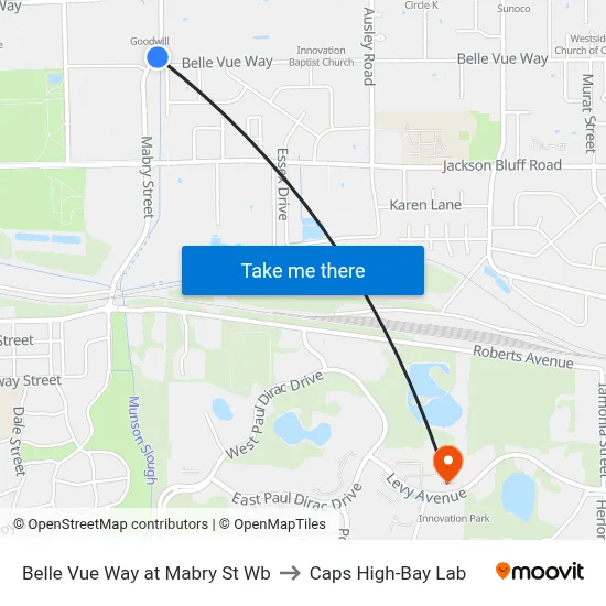 Belle Vue Way at Mabry St Wb to Caps High-Bay Lab map
