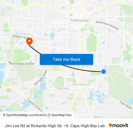 Jim Lee Rd at Rickards High Sb to Caps High-Bay Lab map