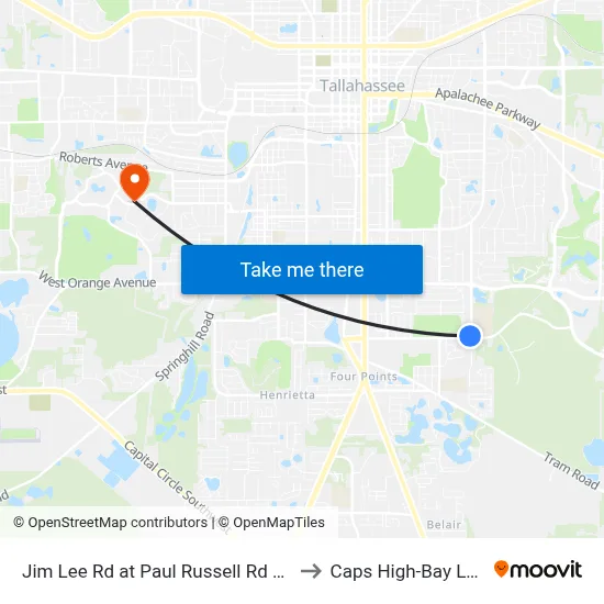 Jim Lee Rd at Paul Russell Rd Sb to Caps High-Bay Lab map
