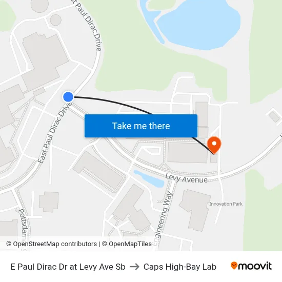 E Paul Dirac Dr at Levy Ave Sb to Caps High-Bay Lab map