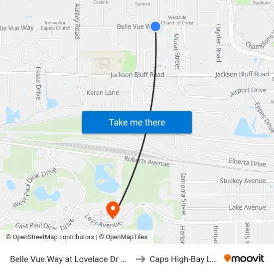 Belle Vue Way at Lovelace Dr Wb to Caps High-Bay Lab map