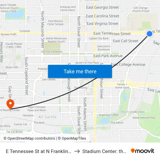 E Tennessee St at N Franklin Blvd Eb to Stadium Center: the Deck map