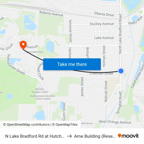 N Lake Bradford Rd at Hutchinson St Nb to Ame Building (Research #4) map