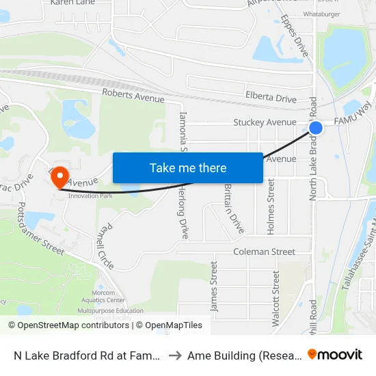 N Lake Bradford Rd at Famu Way Nb to Ame Building (Research #4) map