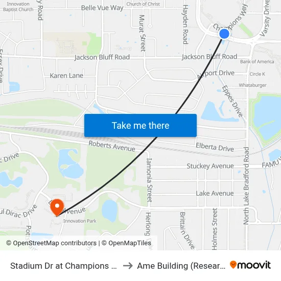 Stadium Dr at Champions Way Wb to Ame Building (Research #4) map