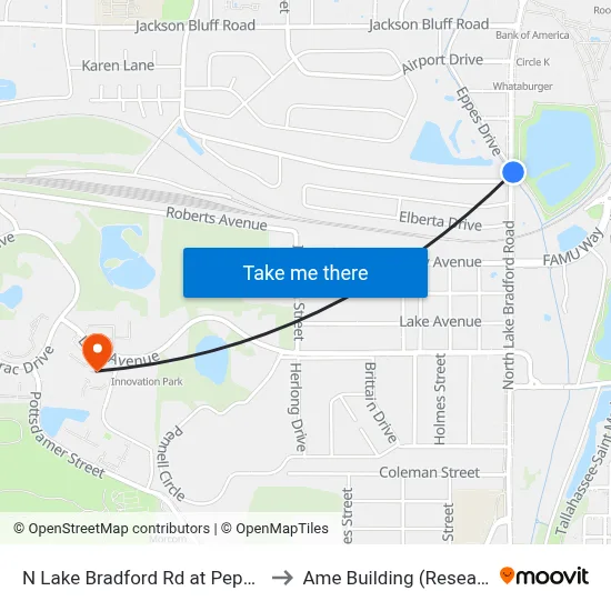 N Lake Bradford Rd at Pepper Dr Nb to Ame Building (Research #4) map
