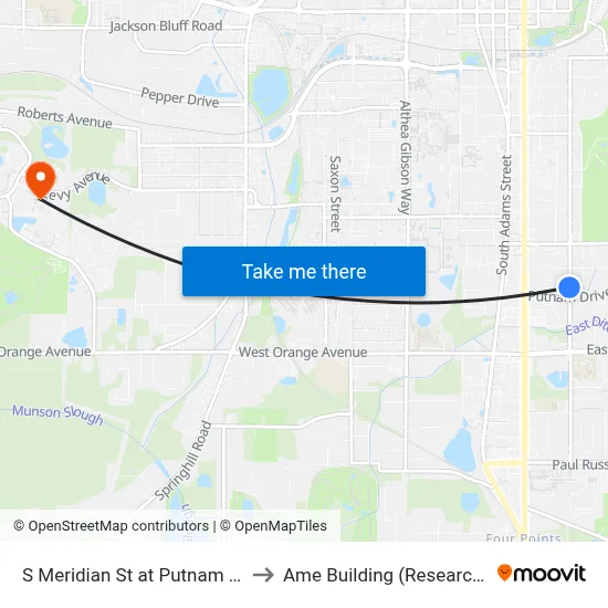 S Meridian St at Putnam Dr Sb to Ame Building (Research #4) map