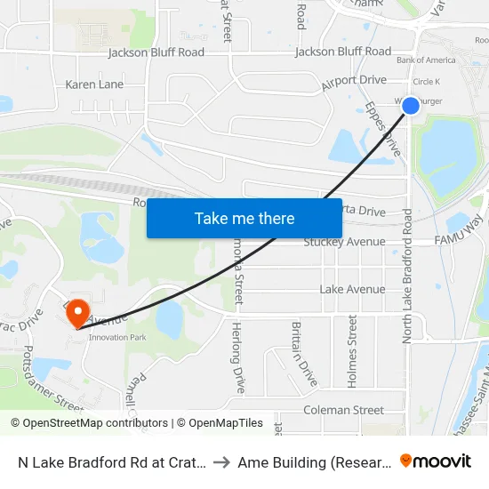 N Lake Bradford Rd at Crate St Nb to Ame Building (Research #4) map