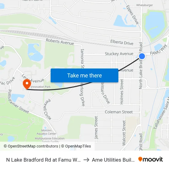 N Lake Bradford Rd at Famu Way Nb to Ame Utilities Building map