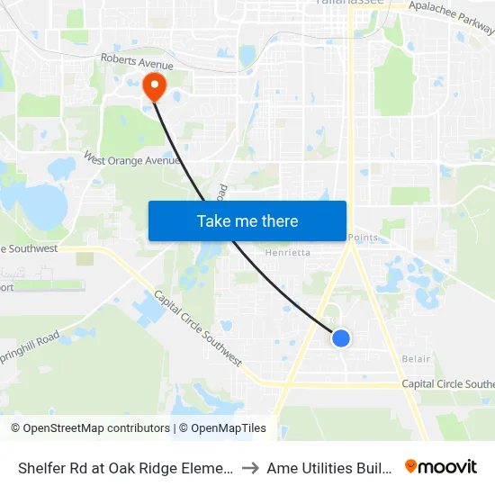 Shelfer Rd at Oak Ridge Elementary to Ame Utilities Building map