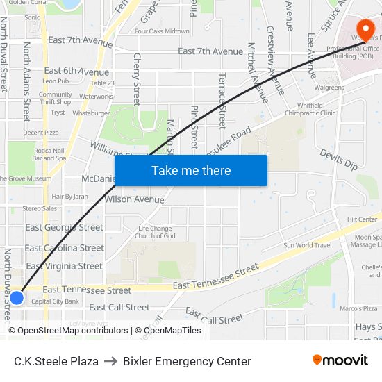 C.K.Steele Plaza to Bixler Emergency Center map