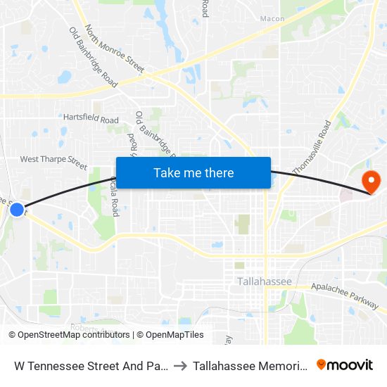 W Tennessee Street And Pat Thomas Boulevard to Tallahassee Memorial Cancer Center map