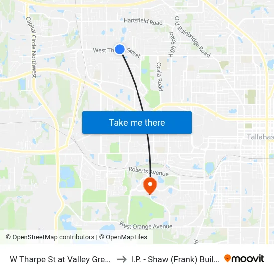 W Tharpe St at Valley Green Dr to I.P. - Shaw (Frank) Building map