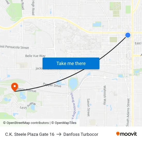 C.K. Steele Plaza Gate 16 to Danfoss Turbocor map