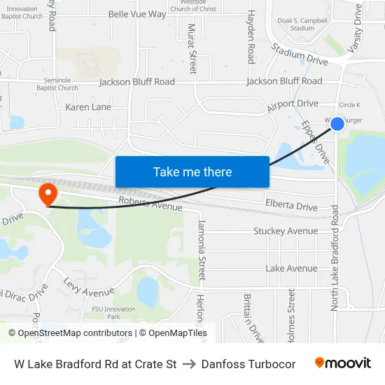 W Lake Bradford Rd at Crate St to Danfoss Turbocor map