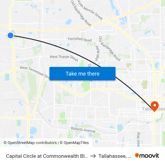 Capital Circle at Commonwealth Blvd to Tallahassee, FL map