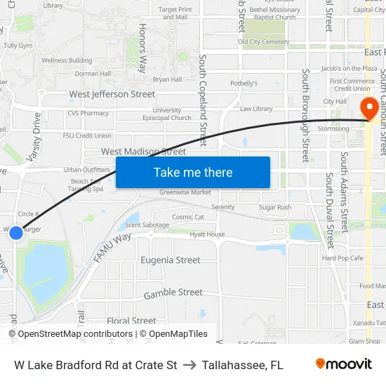 W Lake Bradford Rd at Crate St to Tallahassee, FL map