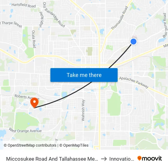 Miccosukee Road And Tallahassee Memorial Healthcare to Innovation Park map