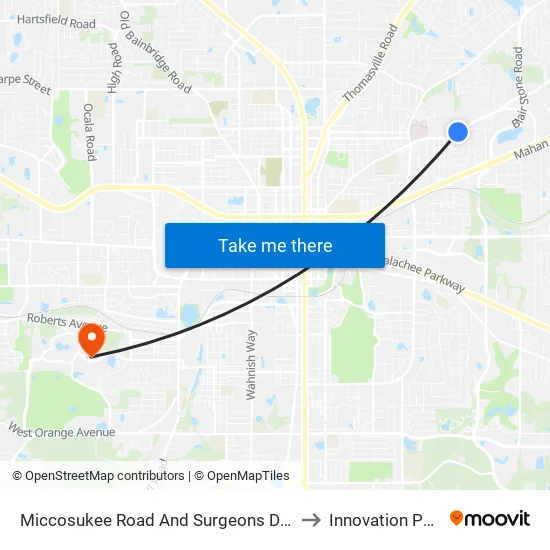 Miccosukee Road And Surgeons Drive to Innovation Park map