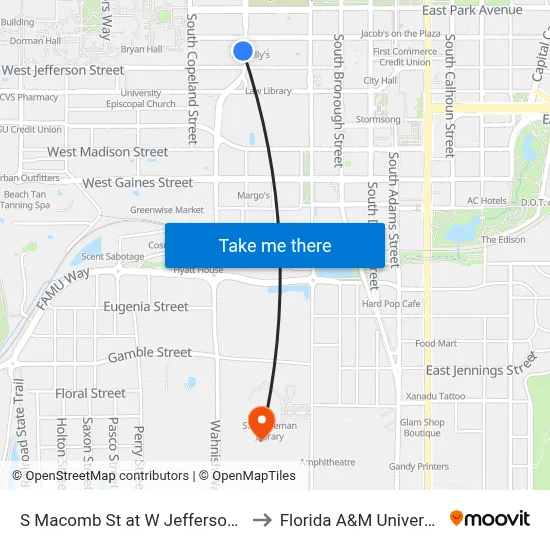 S Macomb St at W Jefferson St to Florida A&M University map